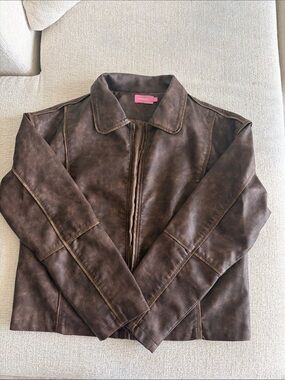 Edikted Brown Distressed Faux Leather Zip Jacket
